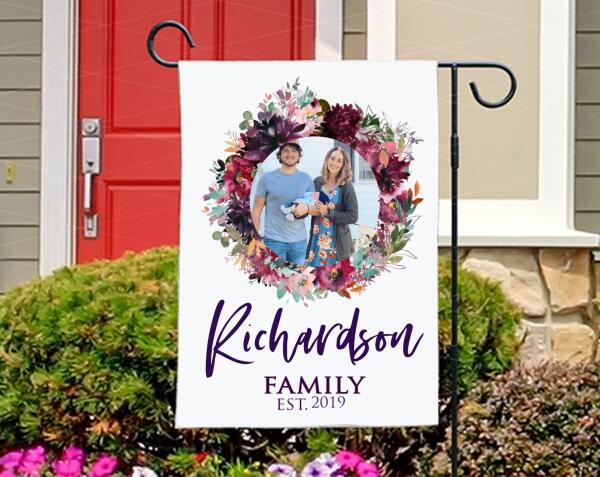 Personalized Garden Flag Small Vertical Double Sided Customize Yard House Floral Wreath Family Name and Image Upload