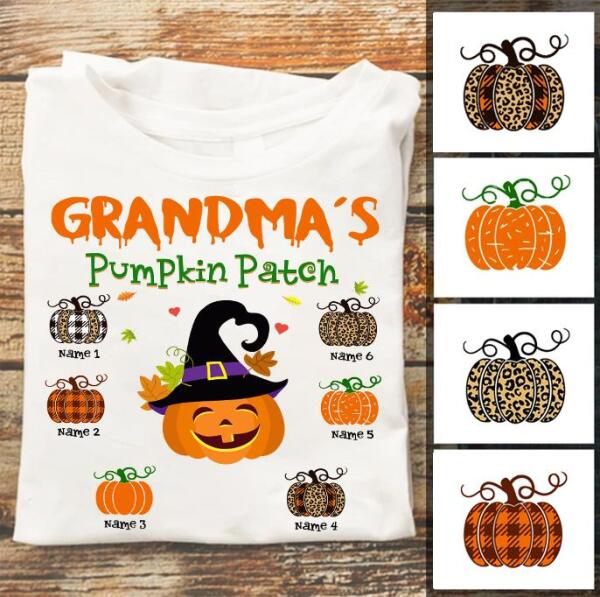 Personalized Mom Grandma Pumpkin patch Fall Halloween T Shirt, Family Halloween shirt, leopard pumpkin Shirt, gift For Women
