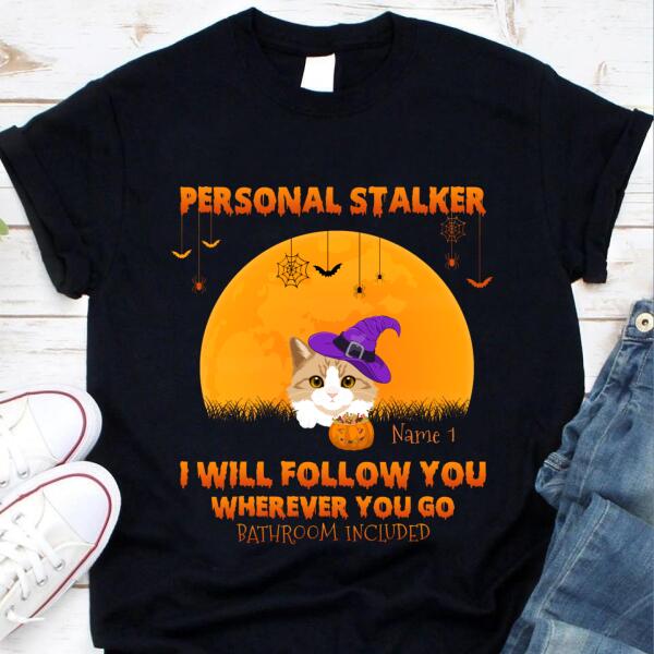 Personalized cat i will follow you wherever you go bathroom Halloween t shirt, Cute halloween Shirt, Cat halloween tees, Pumpkin Shirt, gift For Women