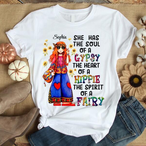 Personalized Hippie Girl, she has the soul of a gypsy the heart of a hippie and the spirit of a hippie t-shirt, gift for hippies