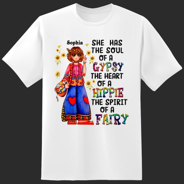 Personalized Hippie Girl, she has the soul of a gypsy the heart of a hippie and the spirit of a hippie t-shirt, gift for hippies