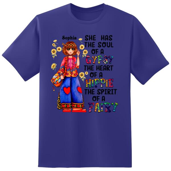 Personalized Hippie Girl, she has the soul of a gypsy the heart of a hippie and the spirit of a hippie t-shirt, gift for hippies