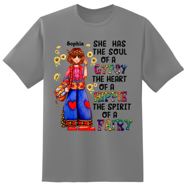 Personalized Hippie Girl, she has the soul of a gypsy the heart of a hippie and the spirit of a hippie t-shirt, gift for hippies