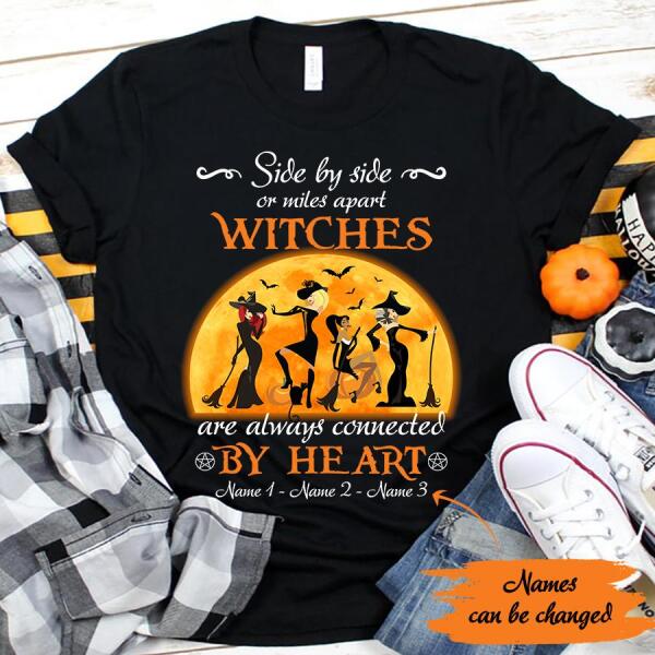 side by side or miles apart witches are always connected by heart halloween shirt, witch t shirt, friend halloween shirt, Tees for Women