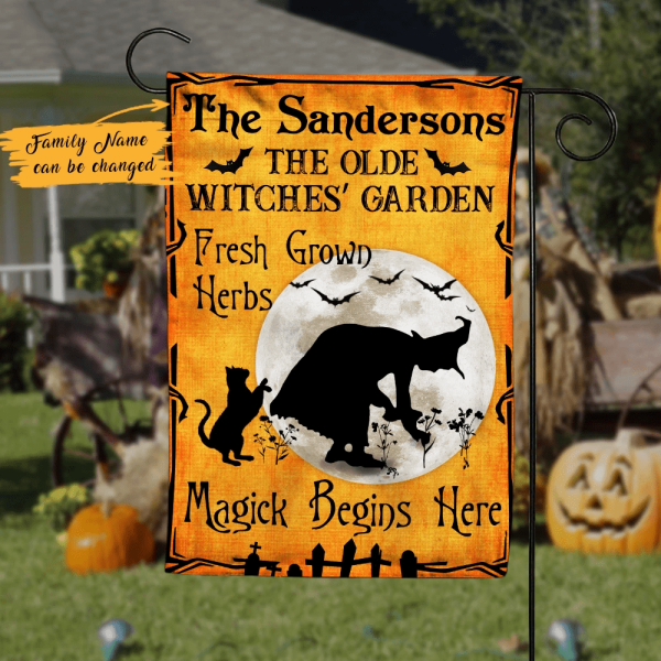 The olde witches' garden fresh grown herbs magick begins here halloween garden flag, Family Flag, Black cat Witch garden Flag, Decorating For Halloween