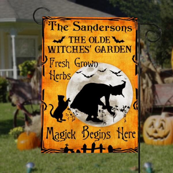 The olde witches' garden fresh grown herbs magick begins here halloween garden flag, Family Flag, Black cat Witch garden Flag, Decorating For Halloween