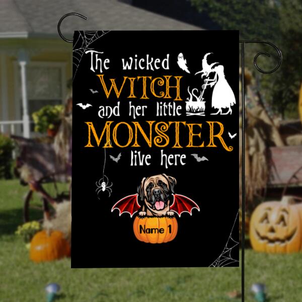 Personalized Dog the wicked witch and her little monster live here halloween Flag, Dog garden flag, witch flag
