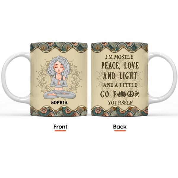 Personalized Yoga Mug, I&#39;m Mostly Peace Love And Light mug, Gift For Yoga Lover, Mandala Yoga Girl