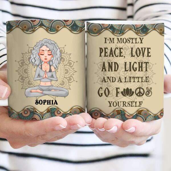 Personalized Yoga Mug, I&#39;m Mostly Peace Love And Light mug, Gift For Yoga Lover, Mandala Yoga Girl