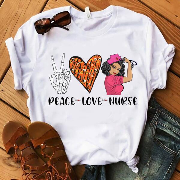 Personalized Nurse Gifts, Peace Love Nurse Halloween Shirts, CNA Tshirt, Pumpkin Skull lover Gift For Women
