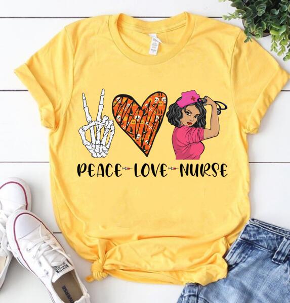 Personalized Nurse Gifts, Peace Love Nurse Halloween Shirts, CNA Tshirt, Pumpkin Skull lover Gift For Women