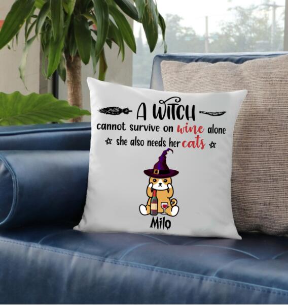 personalized cat pillow, A witch cannot survive on wine alone she also needs her cats halloween pillow, halloween cat pillow, witch pillow, sofa pillows, living room decor
