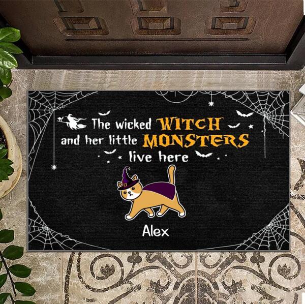 The wicked witch and her little monsters live here personalized cat doormat, cute indoor door mats, Decor home