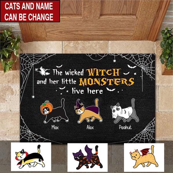 The wicked witch and her little monsters live here personalized cat doormat, cute indoor door mats, Decor home