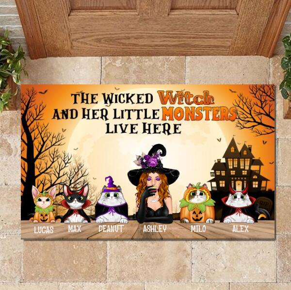 The Wicked Witch And Her Little Monsters Live Here Personalized Cat Doormat, Witch wine Lover Cute Indoor Door Mats, Decor Home