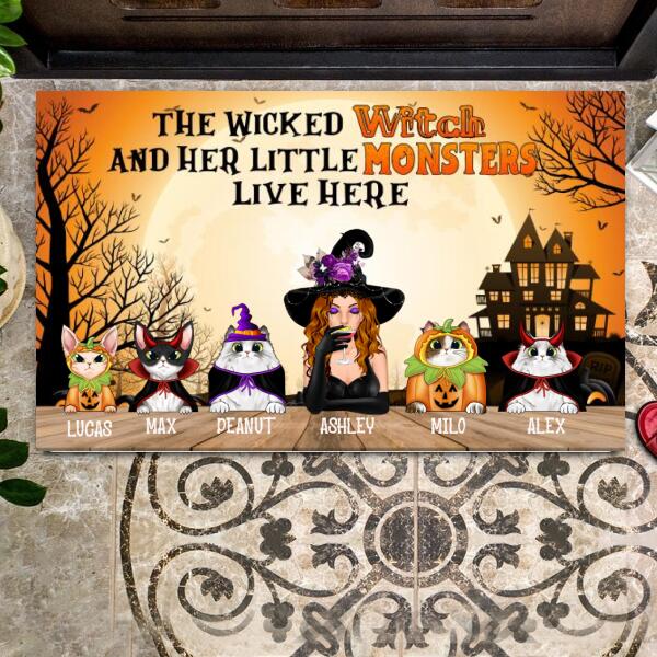 The Wicked Witch And Her Little Monsters Live Here Personalized Cat Doormat, Witch wine Lover Cute Indoor Door Mats, Decor Home