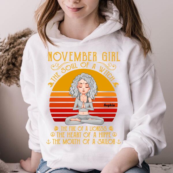 Personalized Birthday T Shirt, The soul of a witch, The fire of a lioness, The heart of a hippie, The mouth of a sailor, Birthday Gifts For Yoga Lovers