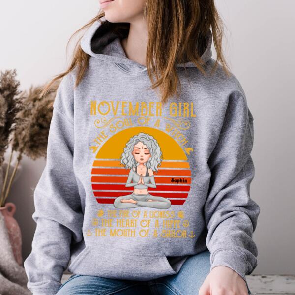Personalized Birthday T Shirt, The soul of a witch, The fire of a lioness, The heart of a hippie, The mouth of a sailor, Birthday Gifts For Yoga Lovers