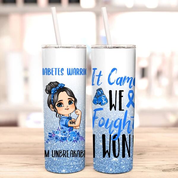 It Came We Fought I Won, Personalized Skinny Tumbler - Gift For Diabetes Warriors, Icon Girl Brave