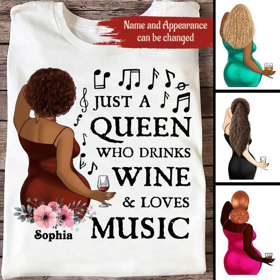 Just A Queen Loves Music &amp; Wine, Personalized Shirt, Gift For Black Queen, Music Lovers, Wine Lovers