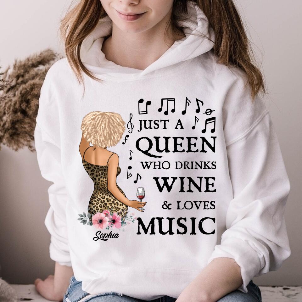 Just A Queen Loves Music &amp; Wine, Personalized Shirt, Gift For Black Queen, Music Lovers, Wine Lovers