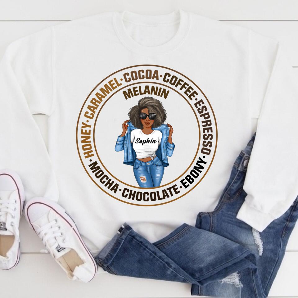 Melanin Shirt, Ebony Chocolate Mocha Espresso Coffee Cocoa Caramel, Nubian Melanin Black Girl Shirt, Afro Woman Shirt, Black Queen Shirt