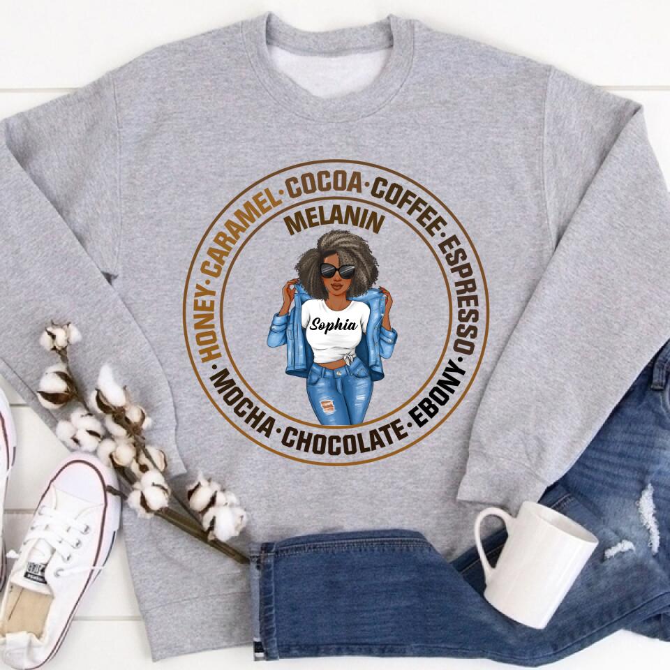 Melanin Shirt, Ebony Chocolate Mocha Espresso Coffee Cocoa Caramel, Nubian Melanin Black Girl Shirt, Afro Woman Shirt, Black Queen Shirt
