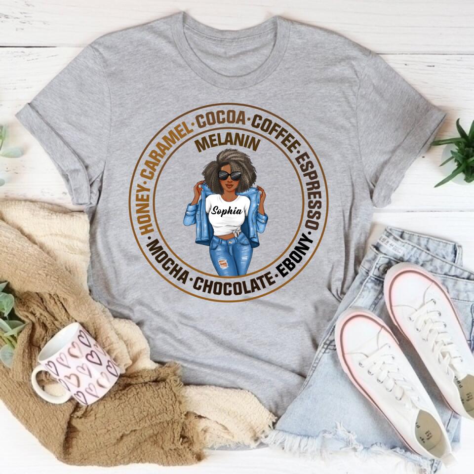 Melanin Shirt, Ebony Chocolate Mocha Espresso Coffee Cocoa Caramel, Nubian Melanin Black Girl Shirt, Afro Woman Shirt, Black Queen Shirt