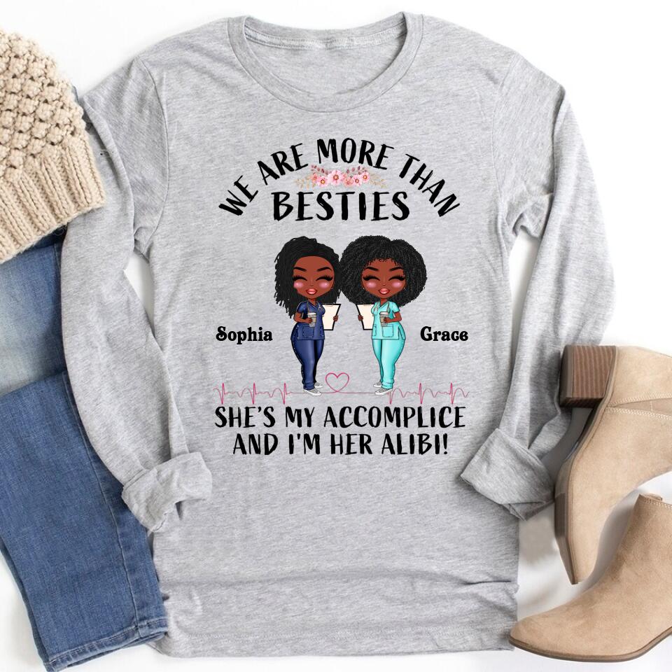 She's My Accomplice And I'm Her Alibi - Personalized Shirt - Gift For Besties - Cartoon Nurse