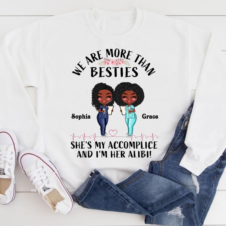 She's My Accomplice And I'm Her Alibi - Personalized Shirt - Gift For Besties - Cartoon Nurse