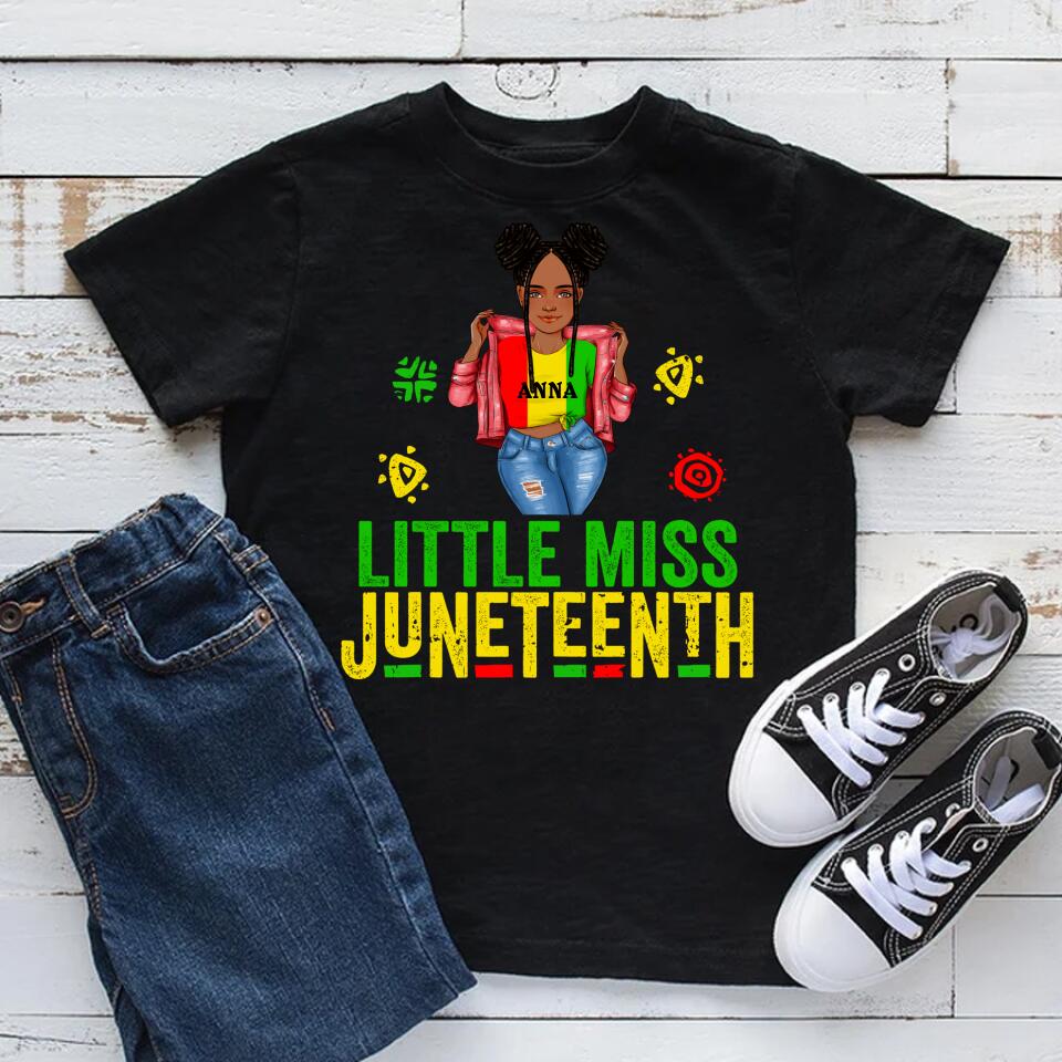 Juneteenth Shirt, Custom Juneteenth Shirt, Kids Little Miss Juneteenth Cute Black Girl Melanin Toddler Girls T-Shirt