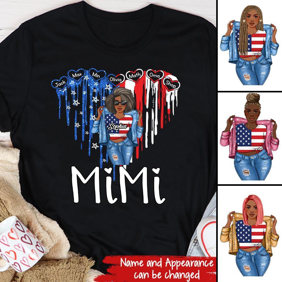 Love Heart Grandma With Grandkids USA Independence Day T-Shirt, Personalized Nana Mimi Grandma With Kids Names Shirt, Love Heart USA Shirt
