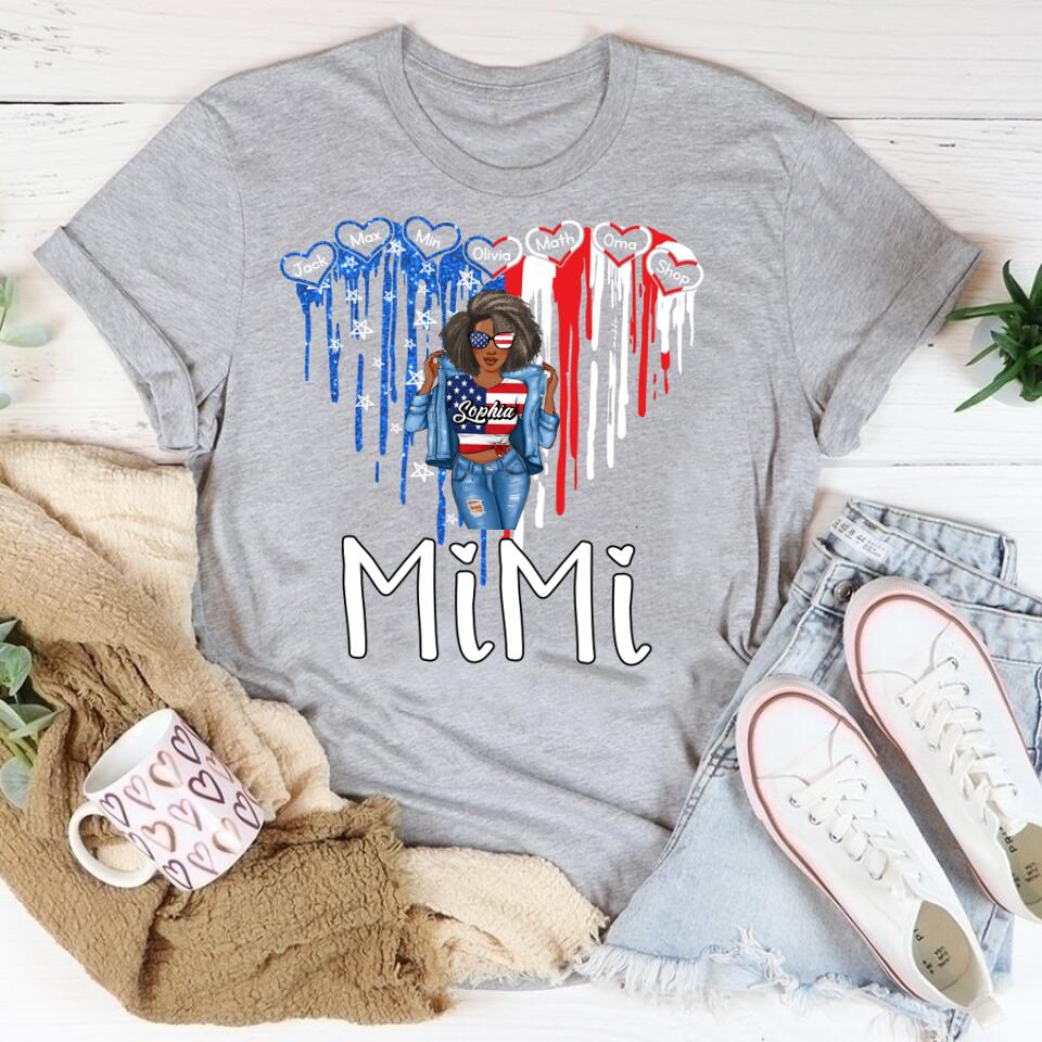 Love Heart Grandma With Grandkids USA Independence Day T-Shirt, Personalized Nana Mimi Grandma With Kids Names Shirt, Love Heart USA Shirt