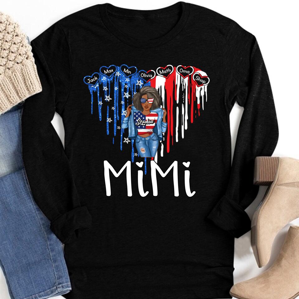 Love Heart Grandma With Grandkids USA Independence Day T-Shirt, Personalized Nana Mimi Grandma With Kids Names Shirt, Love Heart USA Shirt