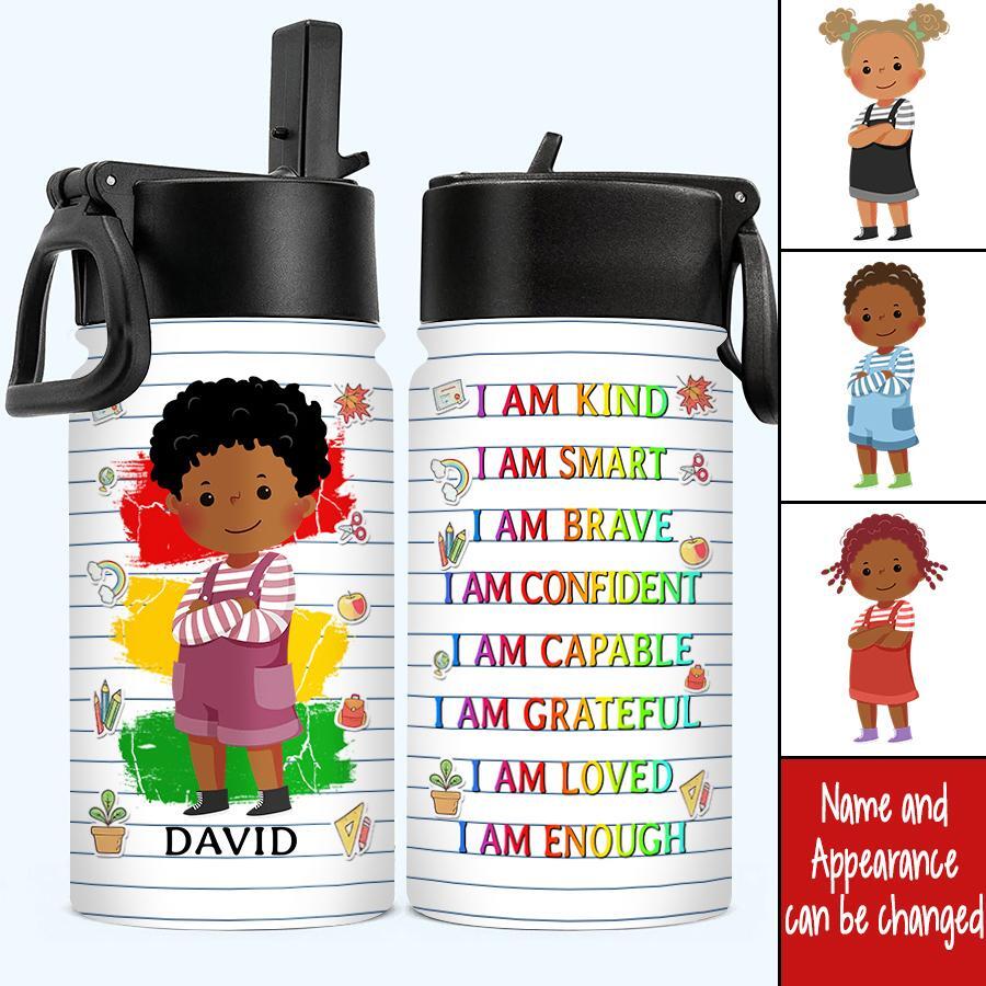 Smart Loved Brave Confident, Personalized Kids Water Bottle With Straw Lid, Birthday, Back To School Gift For Student, Son, Daughter, Affirmations for Kids