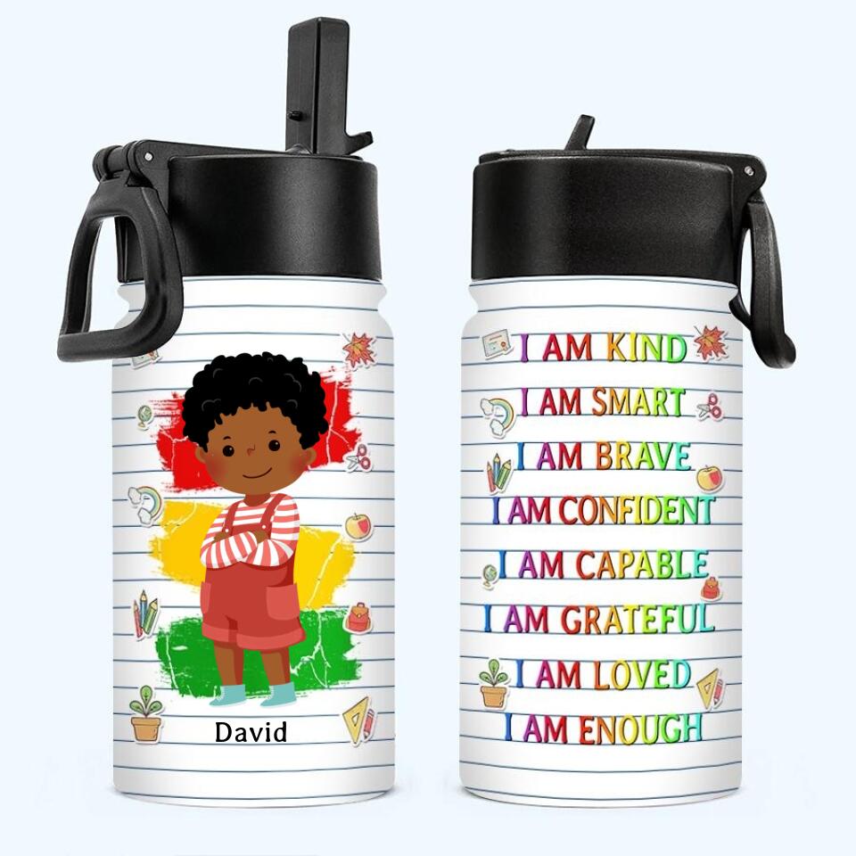 Smart Loved Brave Confident, Personalized Kids Water Bottle With Straw Lid, Birthday, Back To School Gift For Student, Son, Daughter, Affirmations for Kids