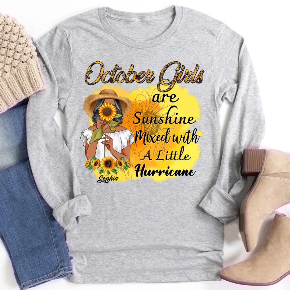 Sunshine Mixed With A Little Hurricane - Personalized shirt - Birthday Gift For Girl, Woman, Hippie, Country Girl - Sunflower Girl. October Birthday Shirt, October Birthday Gifts