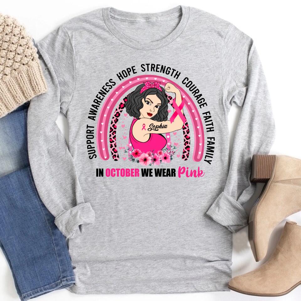 Custom Breast Cancer Shirts Personalized Breast Cancer Shirt Rainbow In October We Wear Pink Breast Cancer Awareness T-Shirt