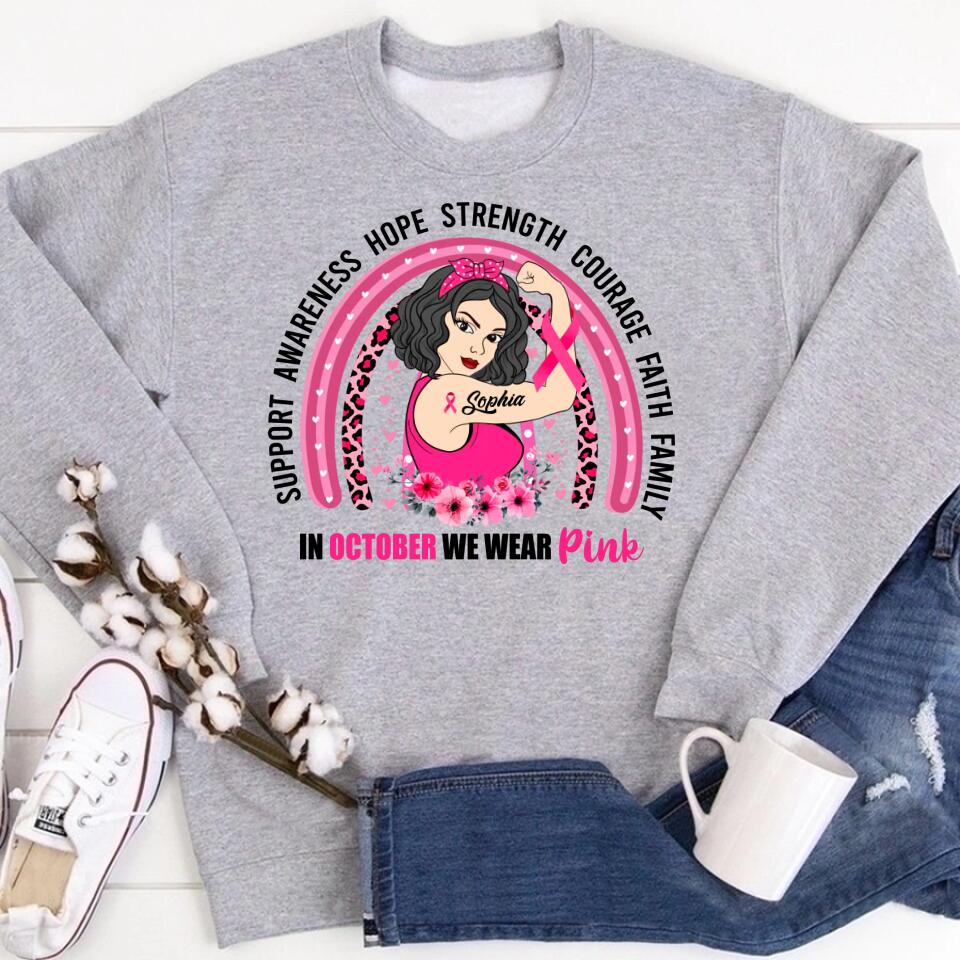 Custom Breast Cancer Shirts Personalized Breast Cancer Shirt Rainbow In October We Wear Pink Breast Cancer Awareness T-Shirt