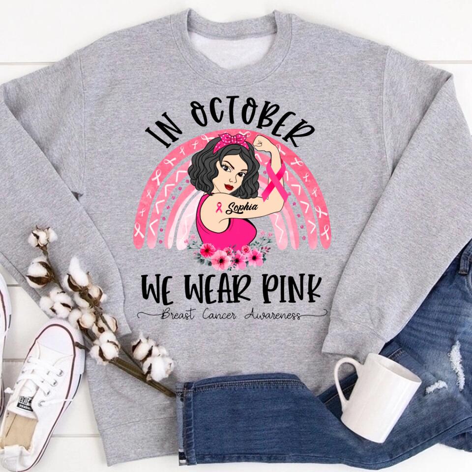 Custom Breast Cancer Shirts for Women Personalized Breast Cancer Shirt Rainbow in October We Wear Pink Breast Cancer Awareness T-Shirt