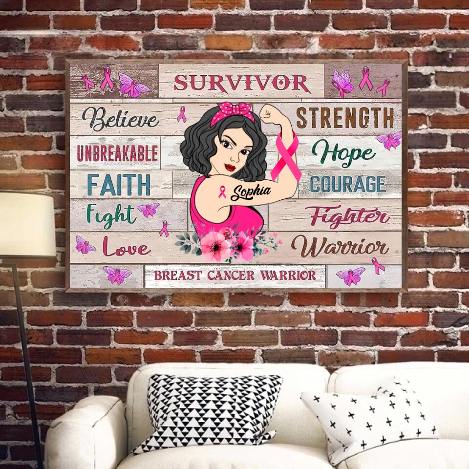 Custom Breast Cancer Poster Fight Strength Faith Support Hope Love Family Believe Survivor Poster, Breast Cancer Supporter Poster