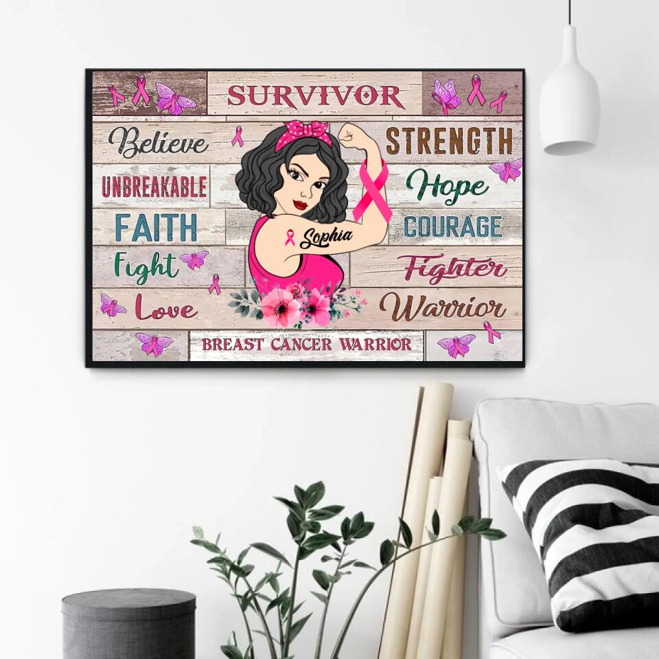 Custom Breast Cancer Poster Fight Strength Faith Support Hope Love Family Believe Survivor Poster, Breast Cancer Supporter Poster