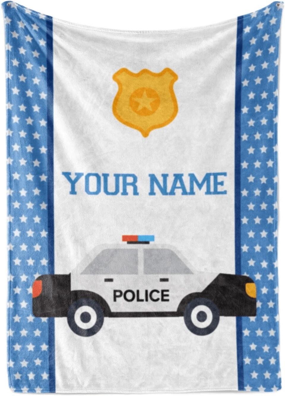 Personalized Custom Police Car Fleece and Sherpa Throw Blanket for Boys, Girls, Kids, Baby - Toddler Police Car Blankets