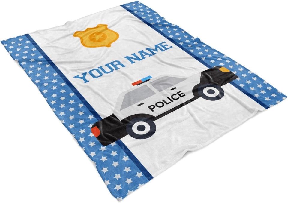 Personalized Custom Police Car Fleece and Sherpa Throw Blanket for Boys, Girls, Kids, Baby - Toddler Police Car Blankets