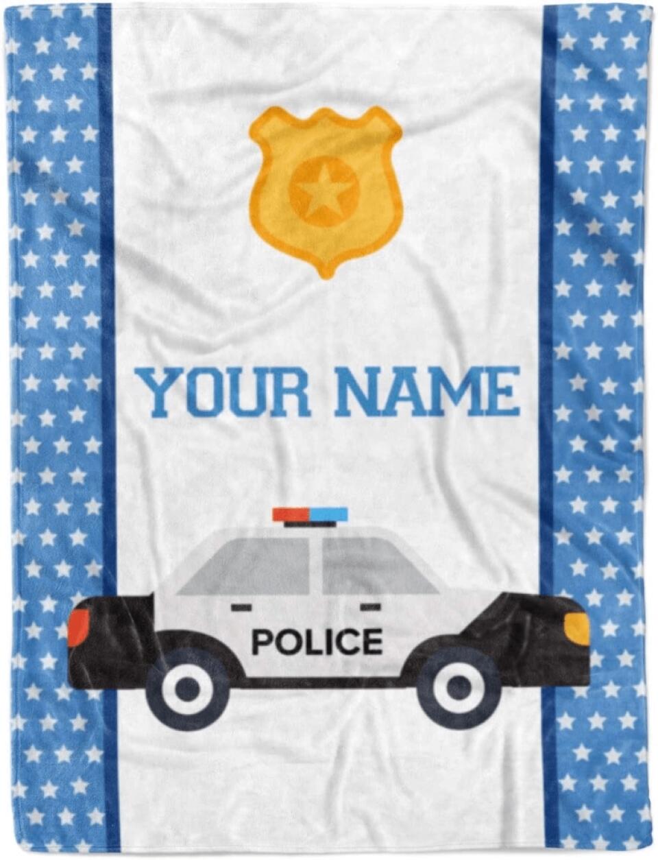 Personalized Custom Police Car Fleece and Sherpa Throw Blanket for Boys, Girls, Kids, Baby - Toddler Police Car Blankets