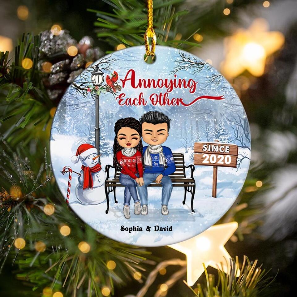 Christmas Family Couple Annoying Each Other Since, Gift For Couples , Personalized Custom Circle Ceramic Ornament