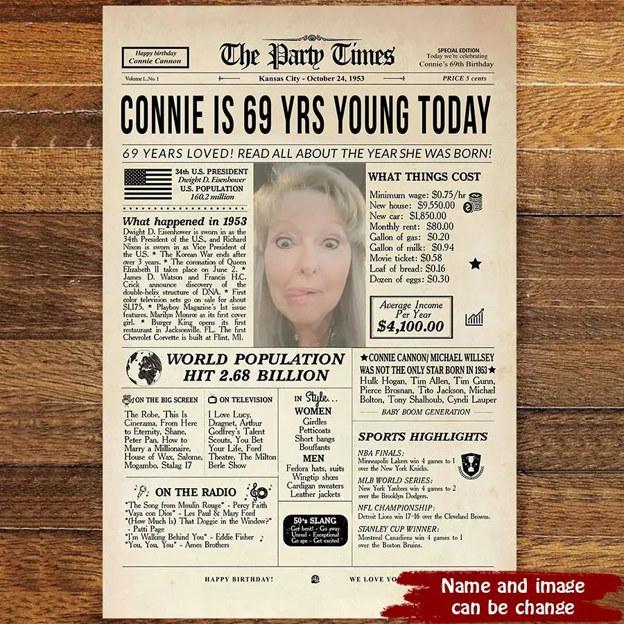 69th Birthday Newspaper Poster Sign, Back In 1953, Sweet 69th Birthday Gift For Him Or Her, Born In 1953, 69th Birthday Party Sign Printable