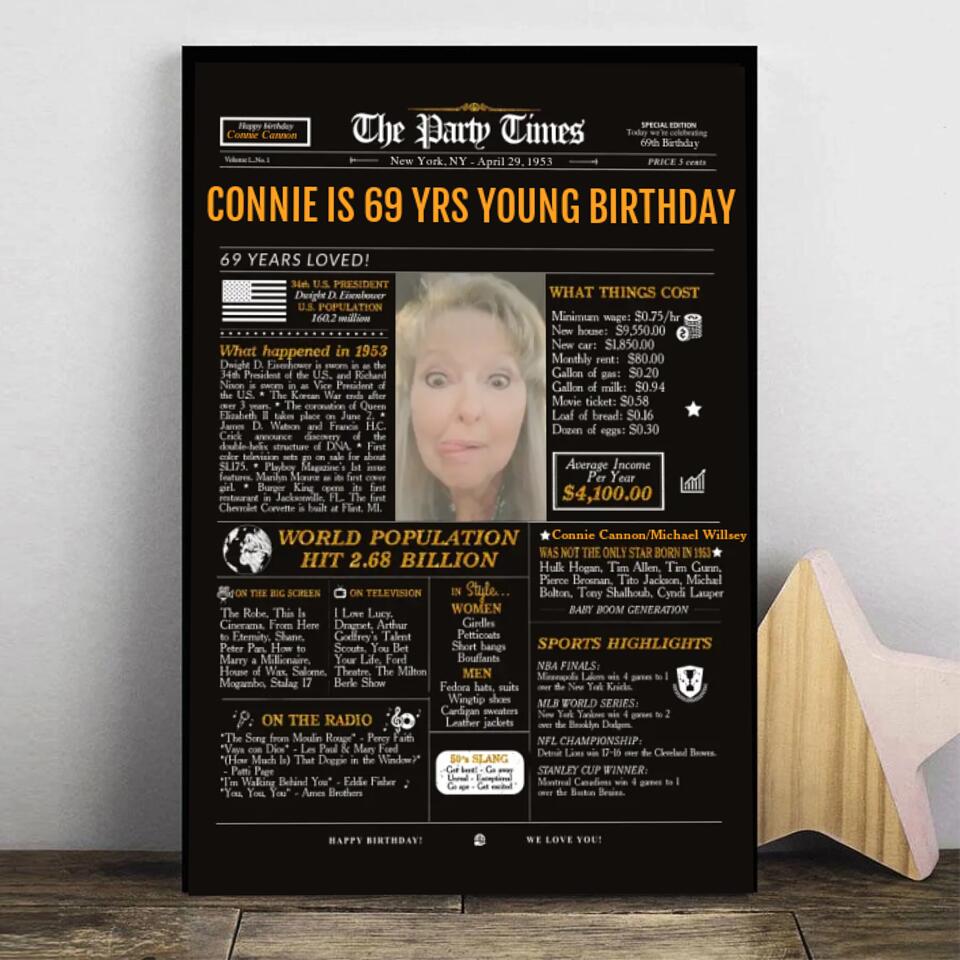 69th Birthday Newspaper Poster Sign, Back In 1953, Sweet 69th Birthday Gift For Him Or Her, Born In 1953, 69th Birthday Party Sign Printable
