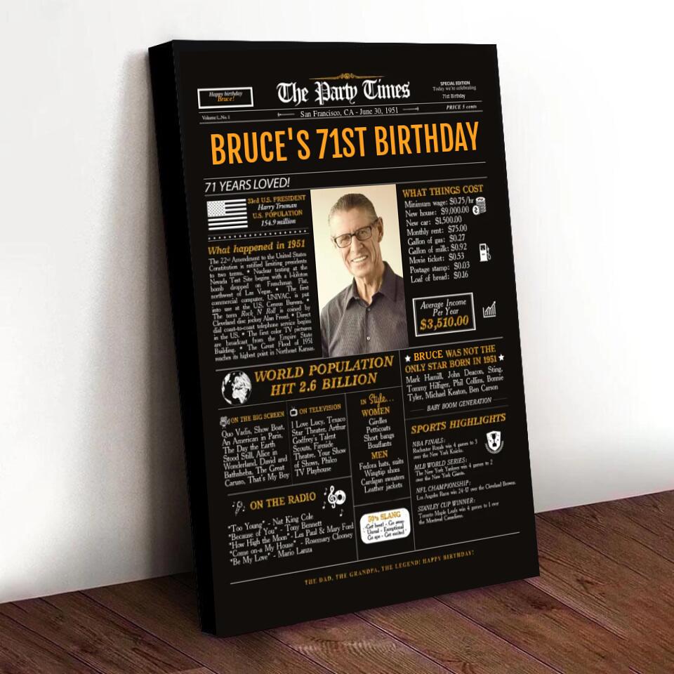 Personalized 71st birthday gift for men or women, 71st birthday newspaper poster, 71st birthday decor Printable, 71 years ago back in 1951