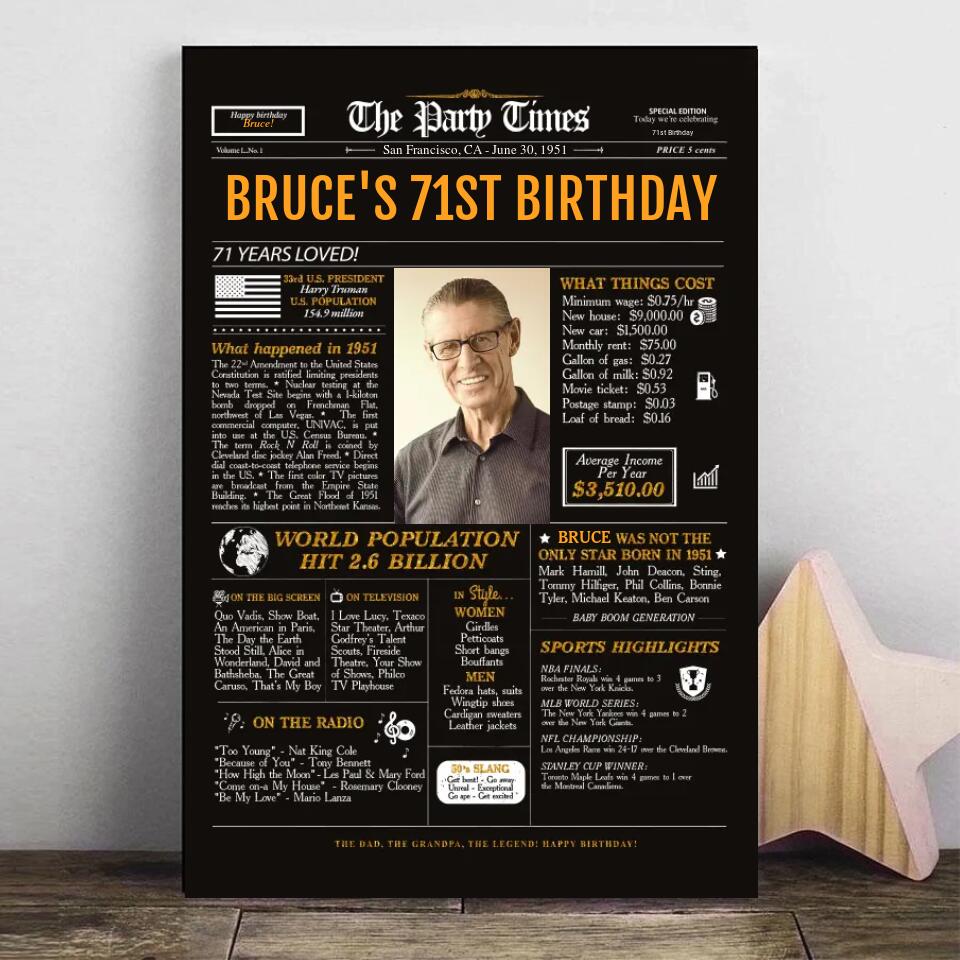 Personalized 71st birthday gift for men or women, 71st birthday newspaper poster, 71st birthday decor Printable, 71 years ago back in 1951